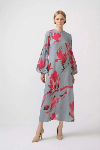 By Baano gray balloon long sleeve dress with floral pattern, featuring a relaxed fit and elegant design.