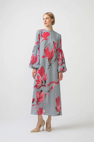 By Baano gray balloon long sleeve dress with floral pattern, featuring a relaxed fit and elegant design.