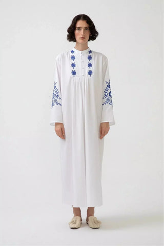 White Zara embroidered dress with long sleeves by Baano, featuring intricate embroidery and a tailored fit for elegant style.