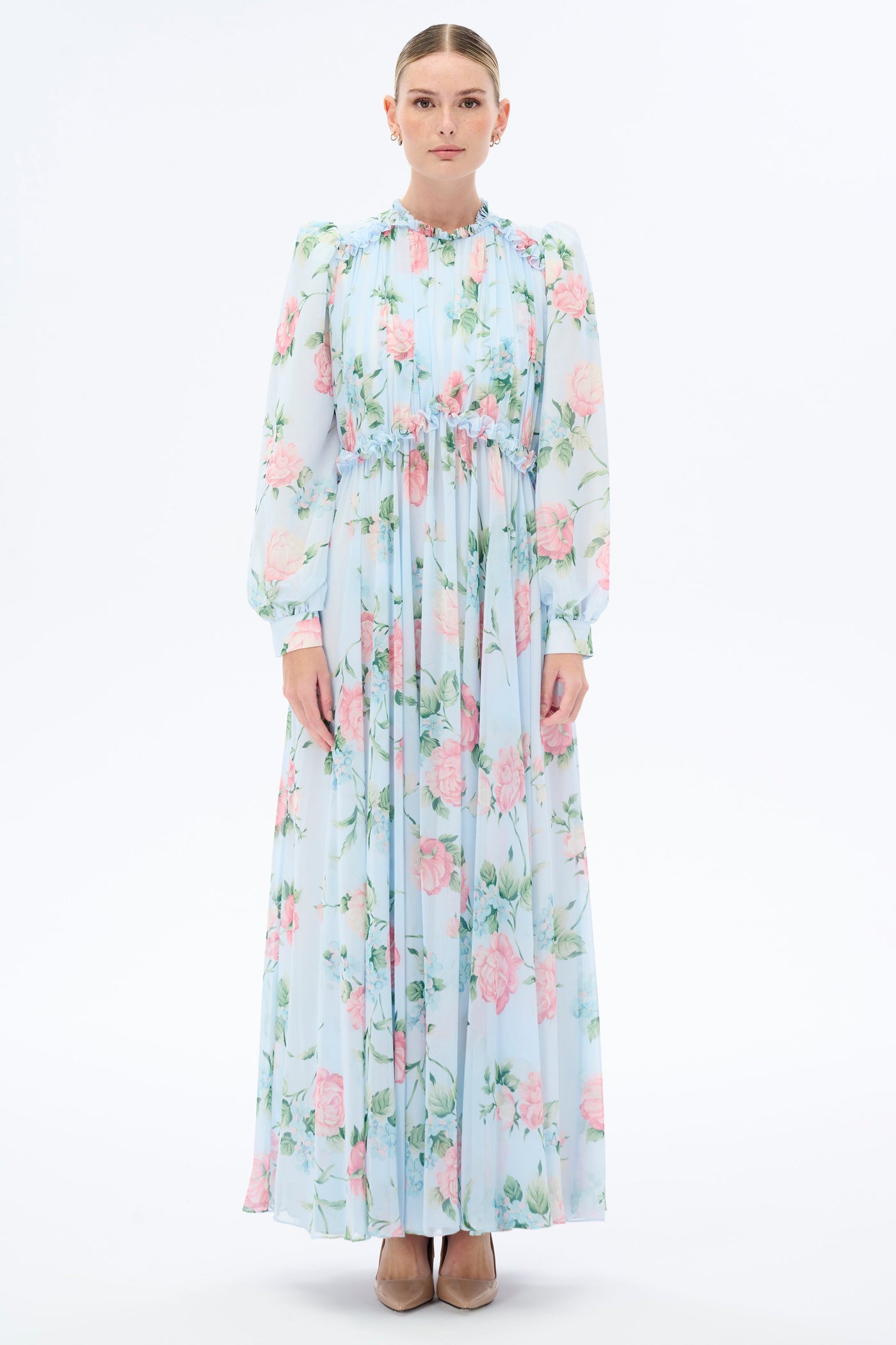 Morning Blues Floral Long Maxi Dress with Long Sleeve - Glamourous Grace