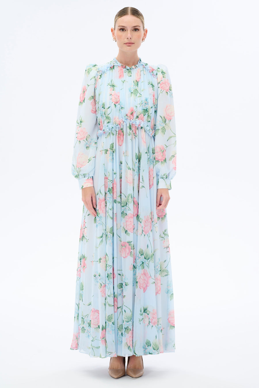 Morning Blues Floral Long Maxi Dress with Long Sleeve - Glamourous Grace