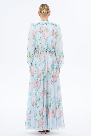 Morning Blues Floral Long Maxi Dress with Long Sleeve - Glamourous Grace