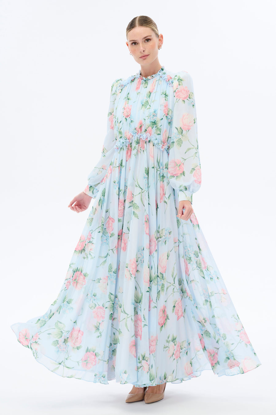 Morning Blues Floral Long Maxi Dress with Long Sleeve - Glamourous Grace