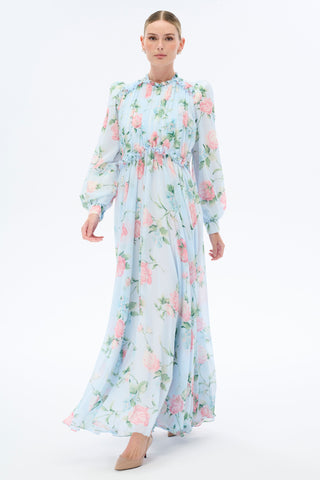 Morning Blues Floral Long Maxi Dress with Long Sleeve - Glamourous Grace