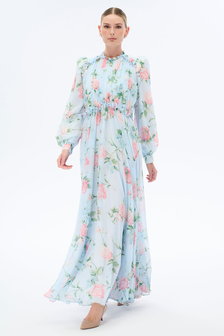 Morning Blues Floral Long Maxi Dress with Long Sleeve - Glamourous Grace