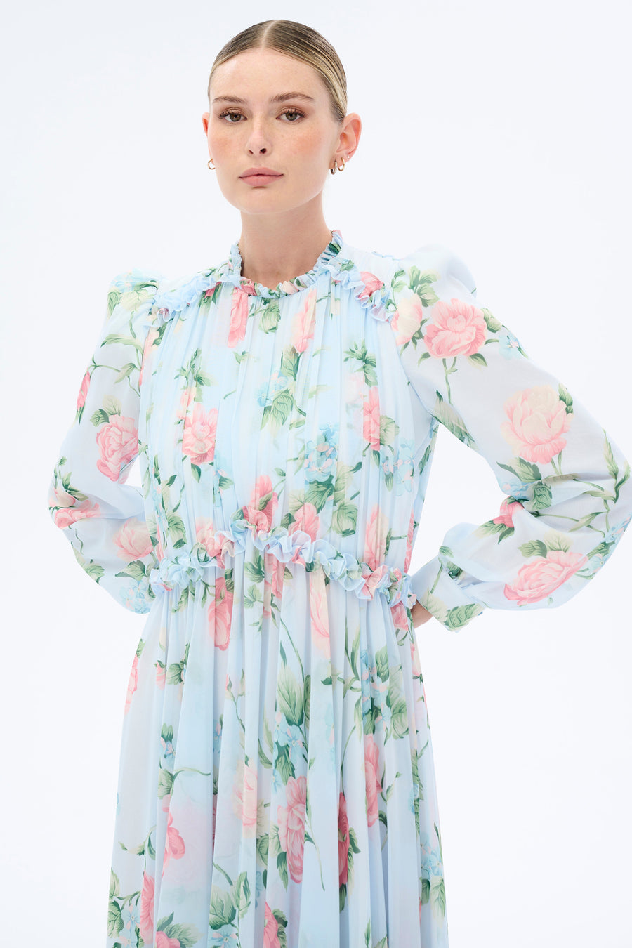 Morning Blues Floral Long Maxi Dress with Long Sleeve - Glamourous Grace