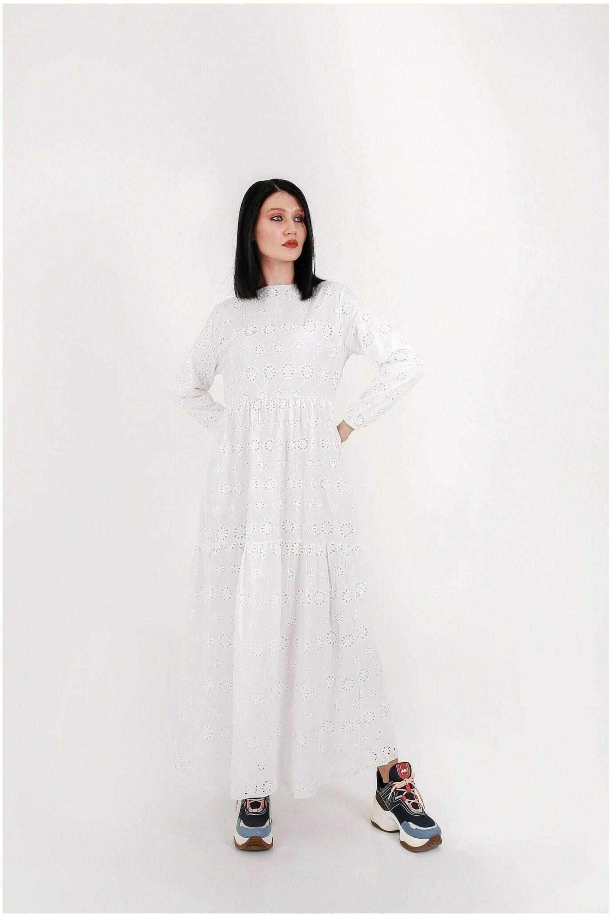 White cotton Sienna midi dress by BY Baano featuring a flowing silhouette and elegant design, perfect for casual or semi-formal wear.