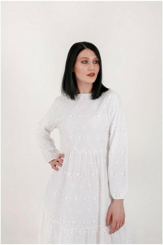 White cotton Sienna midi dress by BY Baano, featuring a flowing silhouette and elegant design, perfect for casual or semi-formal wear.