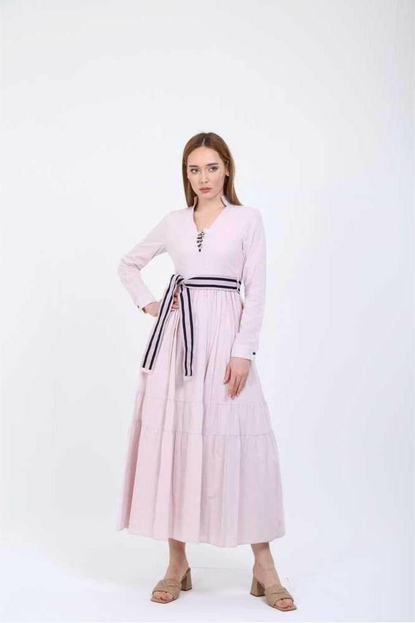 Elise V - Neckline Midi Dress Summer with Belt - Glamourous Grace