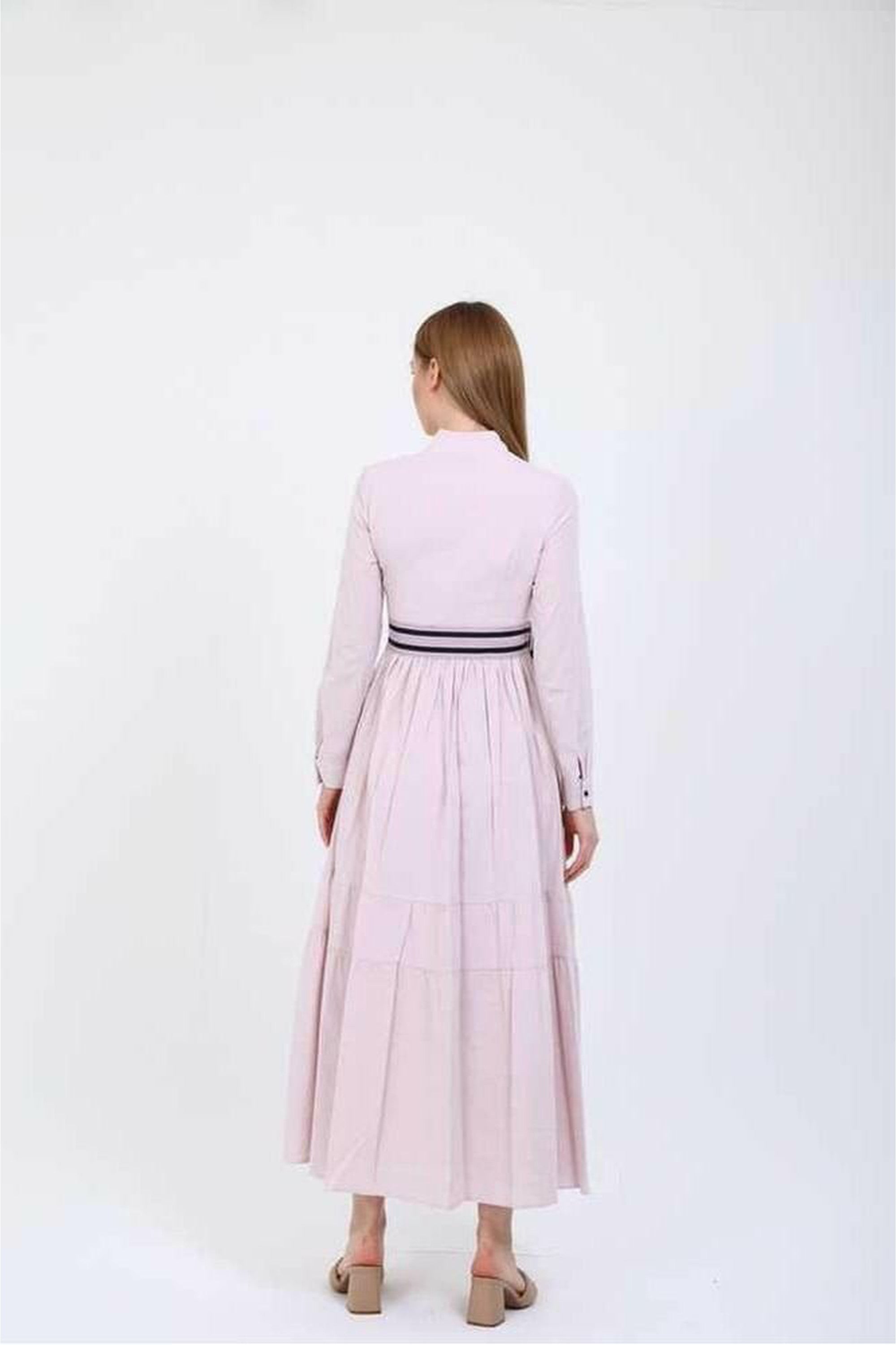 BY Baano Elise V neckline midi summer dress with belt, lightweight fabric, and elegant design, perfect for warm-weather wear.
