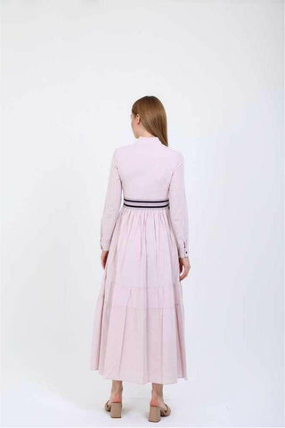 BY Baano Elise V neckline midi summer dress with belt, lightweight fabric, and elegant design, perfect for warm-weather wear.