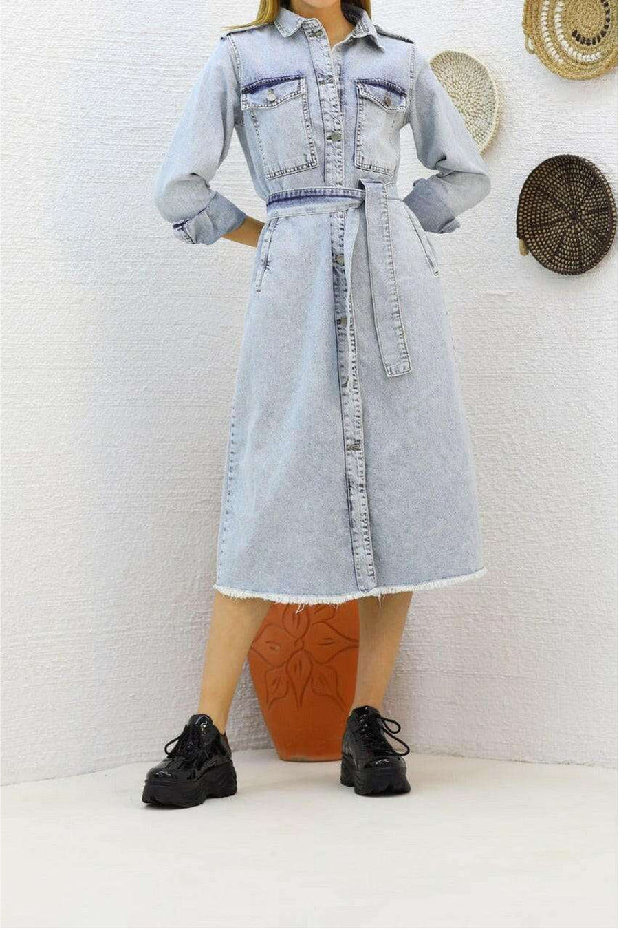 Long Sleeve Denim Midi Dress - Glamourous Grace