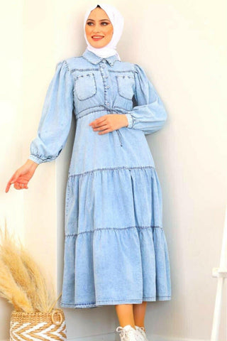 Light wash midi denim dress by By Baano featuring a fitted silhouette, button front, and classic denim styling.