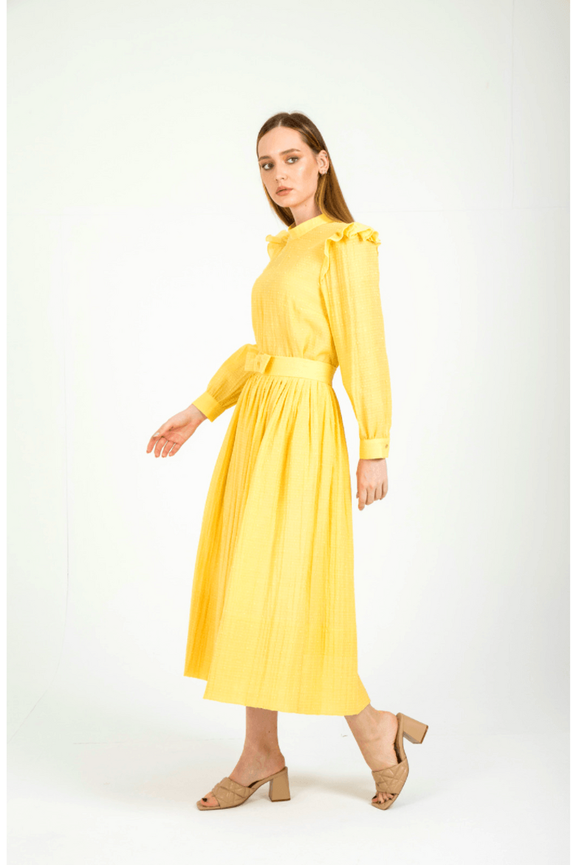 Yellow BY Baano Ruya picnic perfect dress with ruffles, featuring a flowy design and feminine details, ideal for casual occasions.