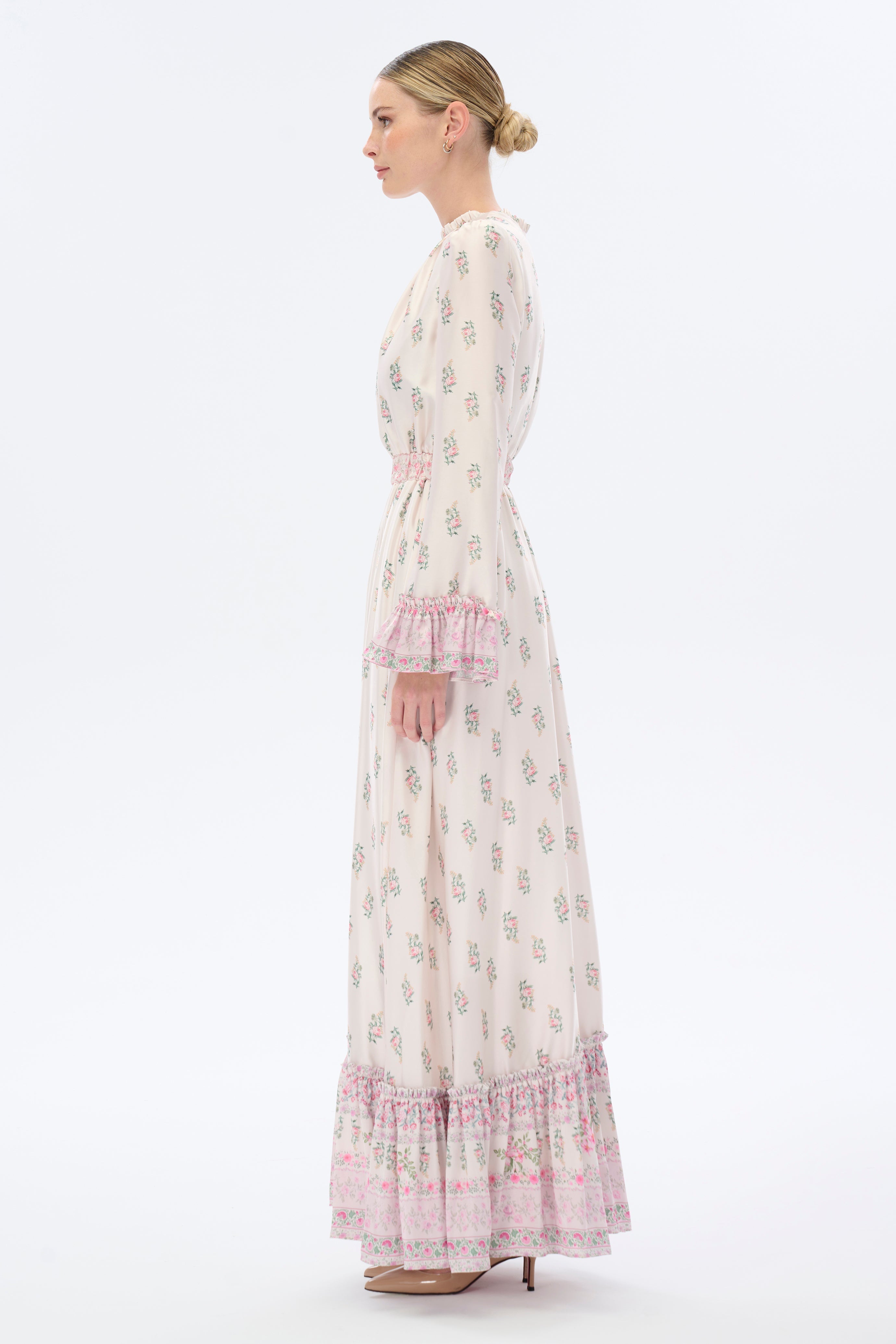 By Baano chocolate vanilla frill long maxi dress with long sleeves, flowing fabric and elegant design in this product image.