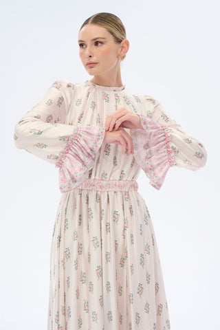 By Baano chocolate and vanilla frill long maxi dress with long sleeves, flowing fabric and elegant design.