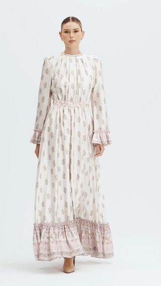 By Baano chocolate vanilla frill long maxi dress with long sleeves, flowing fabric and elegant design.