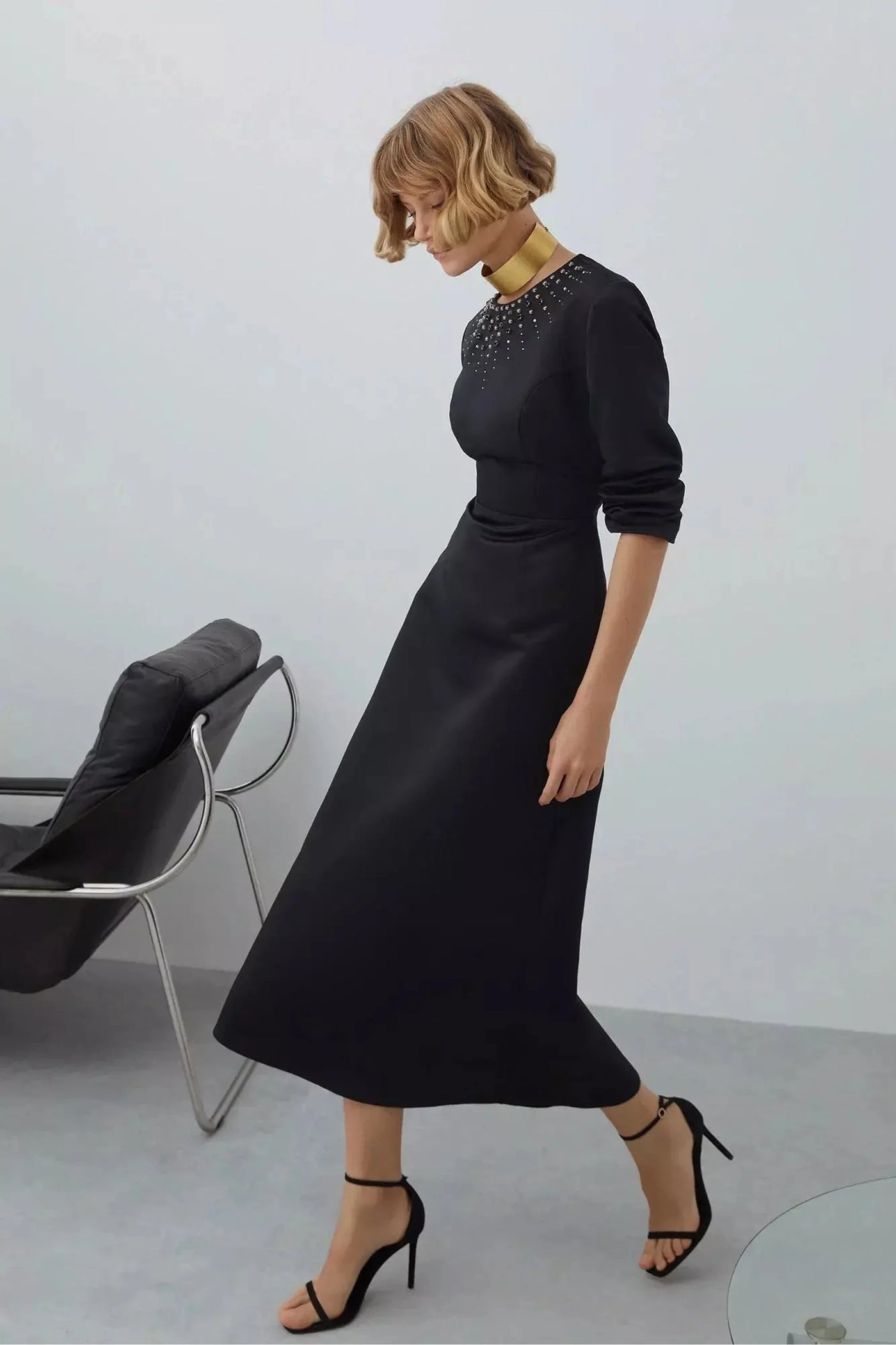 Satin Midi Dress With Rhinestones - Glamourous Grace