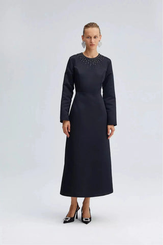 By Baano midnight navy satin midi evening dress with rhinestones, featuring elegant design and sparkling embellishments.