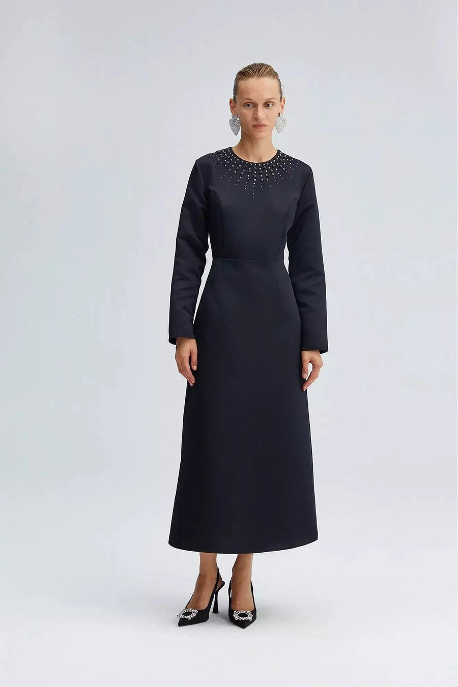Satin Midi Dress With Rhinestones - Glamourous Grace