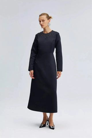 By Baano satin midi evening dress in midnight navy with rhinestones, featuring a sleek, elegant design and a fitted silhouette.