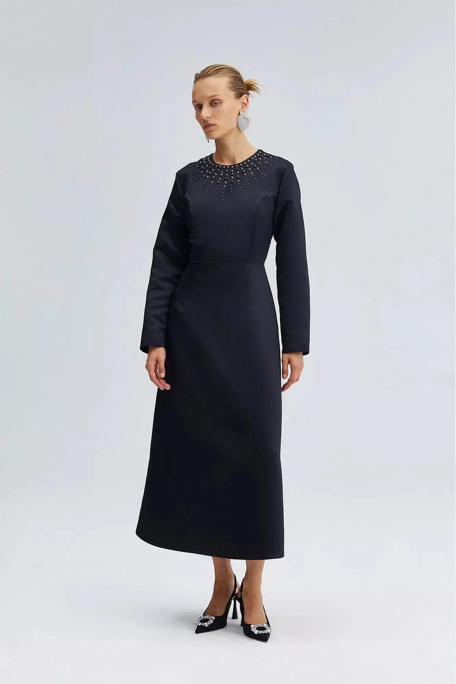 Satin Midi Dress With Rhinestones - Glamourous Grace