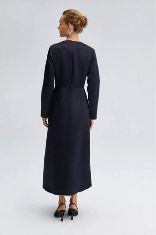 By Baano midnight navy satin midi evening dress with rhinestones, showcasing a fitted silhouette and elegant design.