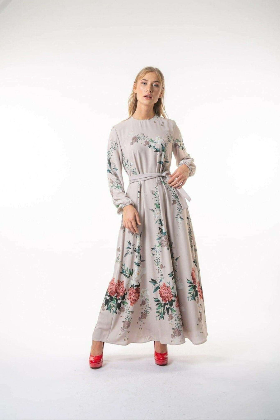 By Baano Aryanna Maxi Modest Dress featuring long sleeves, flowing fabric, and elegant design for a stylish, modest look.