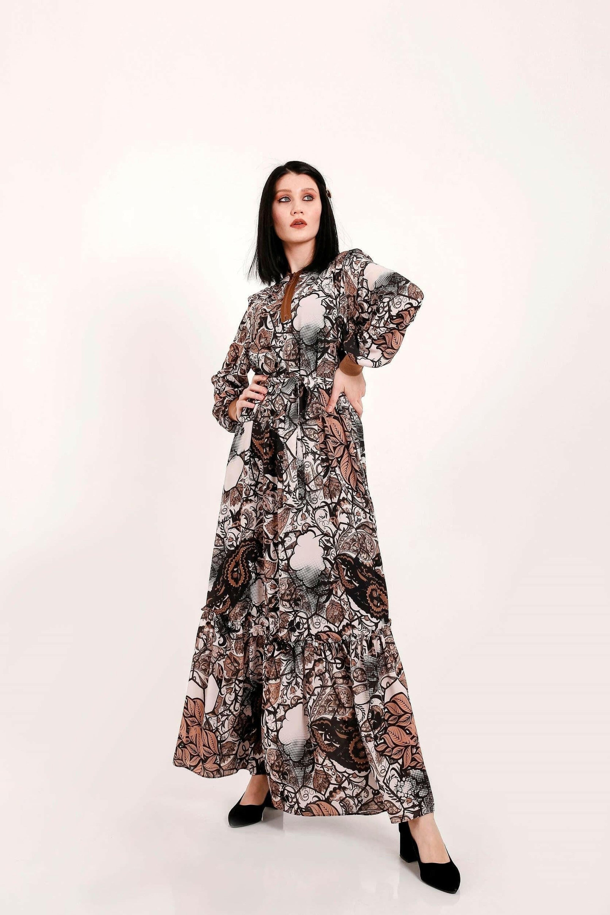 BY Baano paisley maxi dress with long sleeves, flowy and elegant, featuring intricate paisley pattern and comfortable fit.