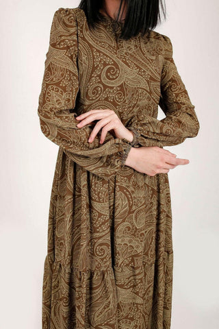 BY Baano Yalda Modest Maxi Dress in olive green with long sleeves, elegant and flowing for a stylish modest look.