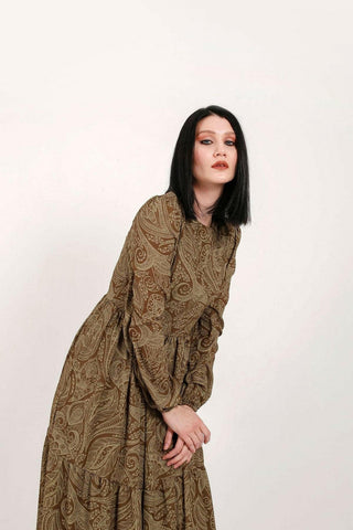 BY Baano Yalda Modest Maxi Dress in olive green with long sleeves, flowing and elegant for modest fashion.