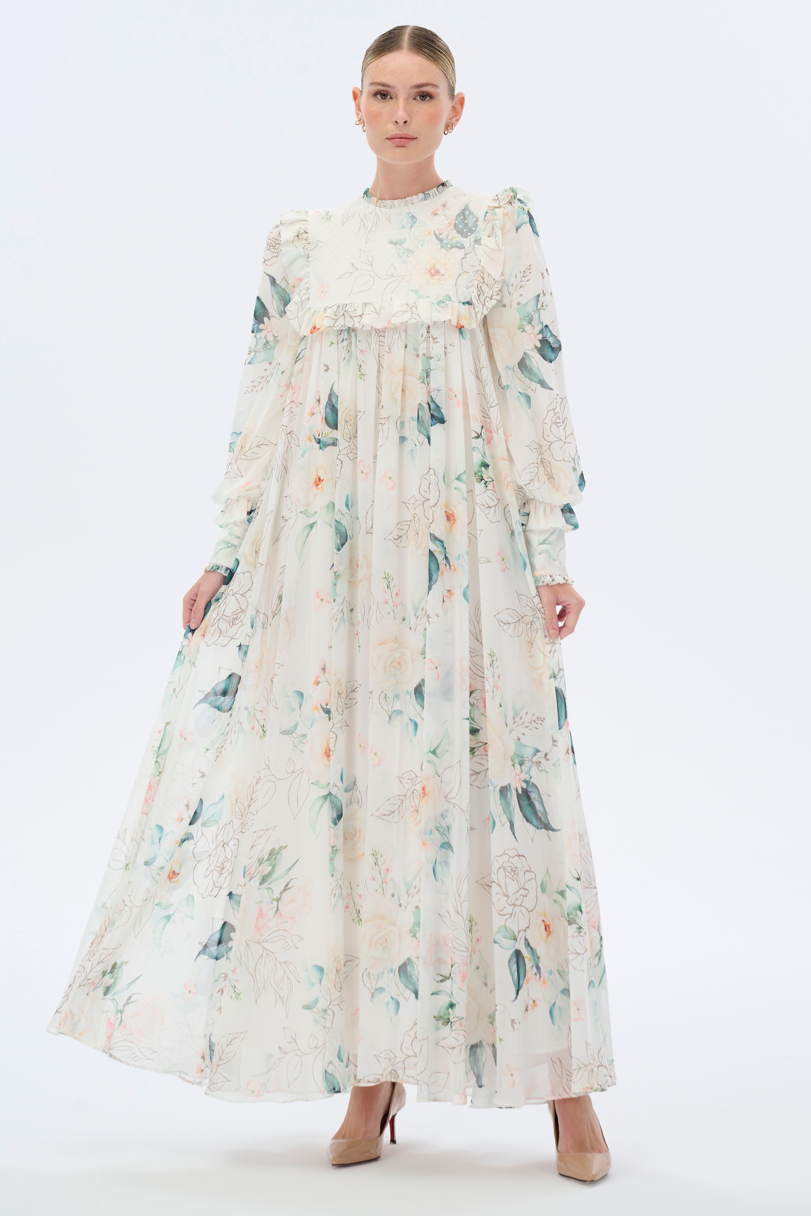 By Baano Off To France floral maxi dress with full-length sleeves, showcasing elegant floral pattern and flowing fabric.