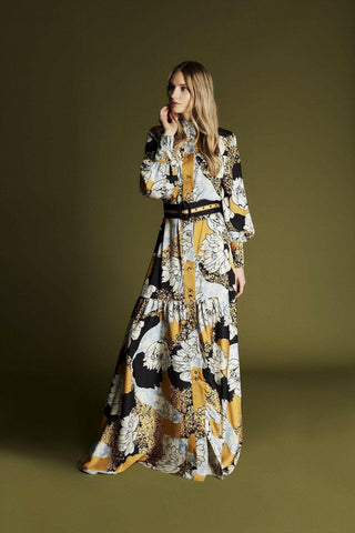 ByBaano Zaha yellow floral print maxi dress, lightweight dress with vibrant floral pattern, flowing fabric, and sleeveless design.