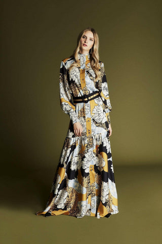 ByBaano Zaha yellow floral print maxi dress, lightweight summer dress with vibrant floral pattern, sleeveless design, and flowing silhouette.