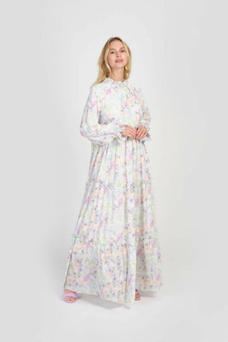 Maria White women's modest dress by ByBaano, featuring long sleeves and a flowing design, ideal for elegant, modest fashion.