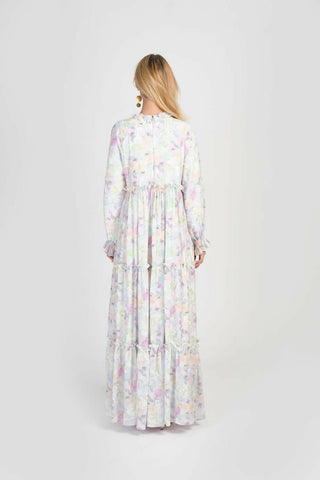 White Maria women's modest dress by ByBaano, flowing fabric, long sleeves, and elegant design perfect for modest fashion.