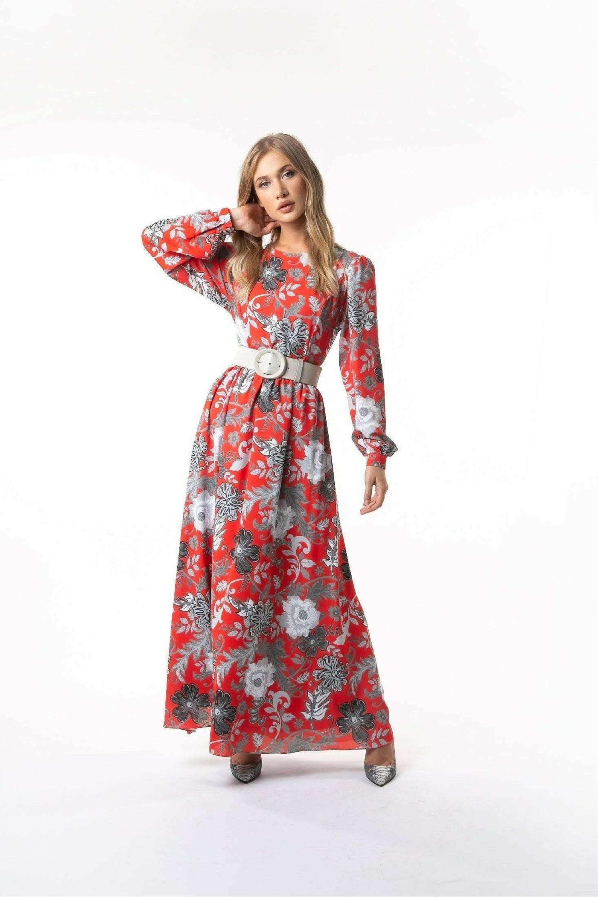 Kelly Floral Long Maxi Dress with Long Sleeves - By Baano