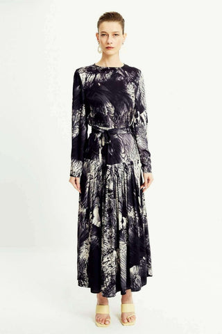 Gray ByBaano long maxi dress with sleeves and side pocket, featuring a relaxed fit and lightweight polyester fabric.