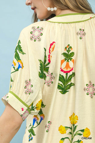 Umgee Botanical Print Contrast Trim Button Blouse - Glamourous Grace