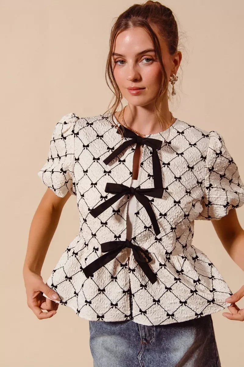SO ME Bow Texture Woven Peplum Top With Contrast Tie - Glamourous Grace