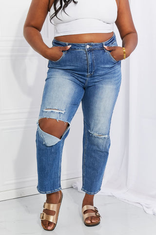 RISEN Emily High Rise Destroyed Straight Leg Relaxed Fit Cropped Blue Denim Jeans