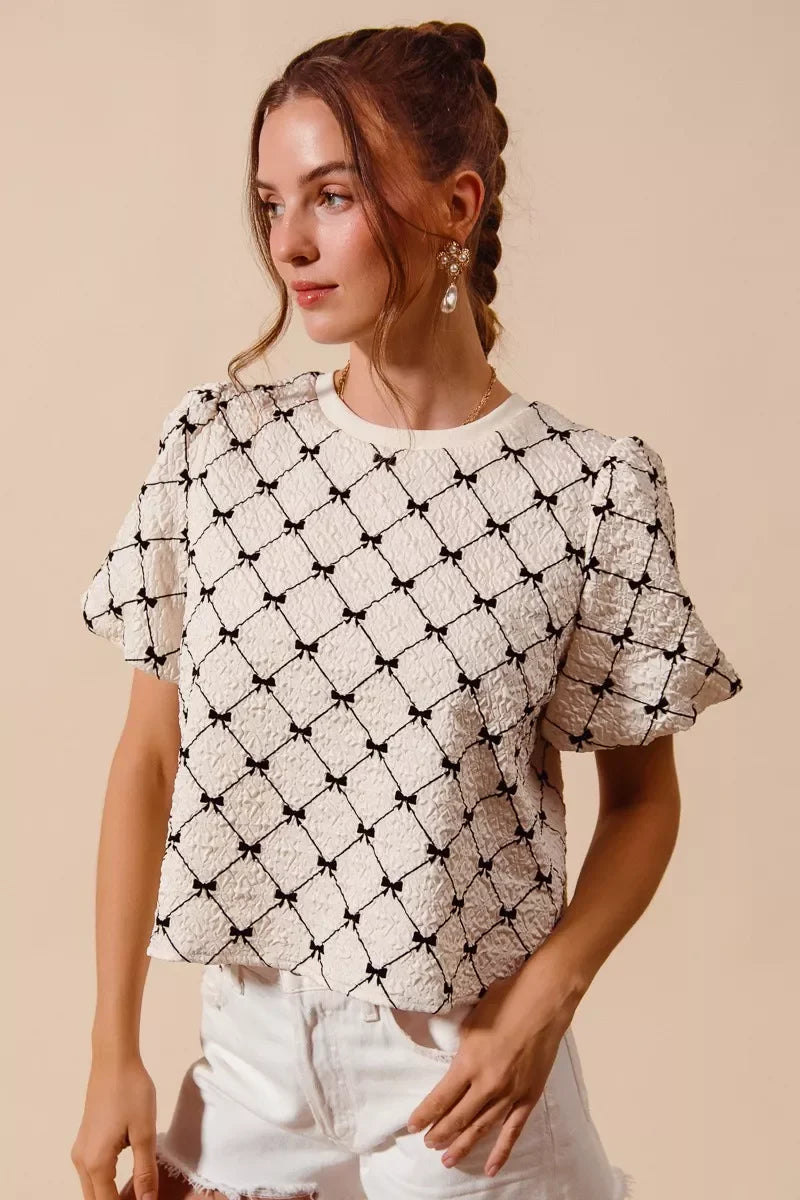 SO ME Bow Texture Woven Bubble Sleeve Top - Glamourous Grace