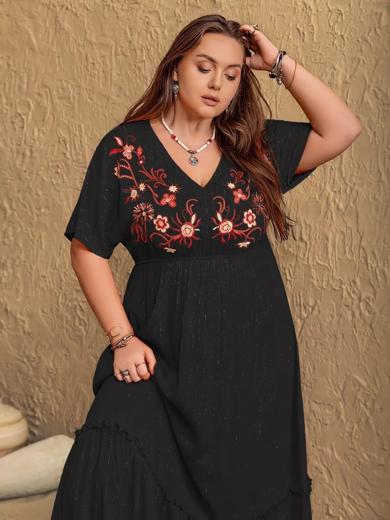 Plus Size Embroidered V-Neck Maxi Dress - Glamourous Grace