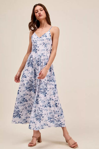 SO ME Floral Woven V Neck Dress With Back Ribbon Tie - Glamourous Grace