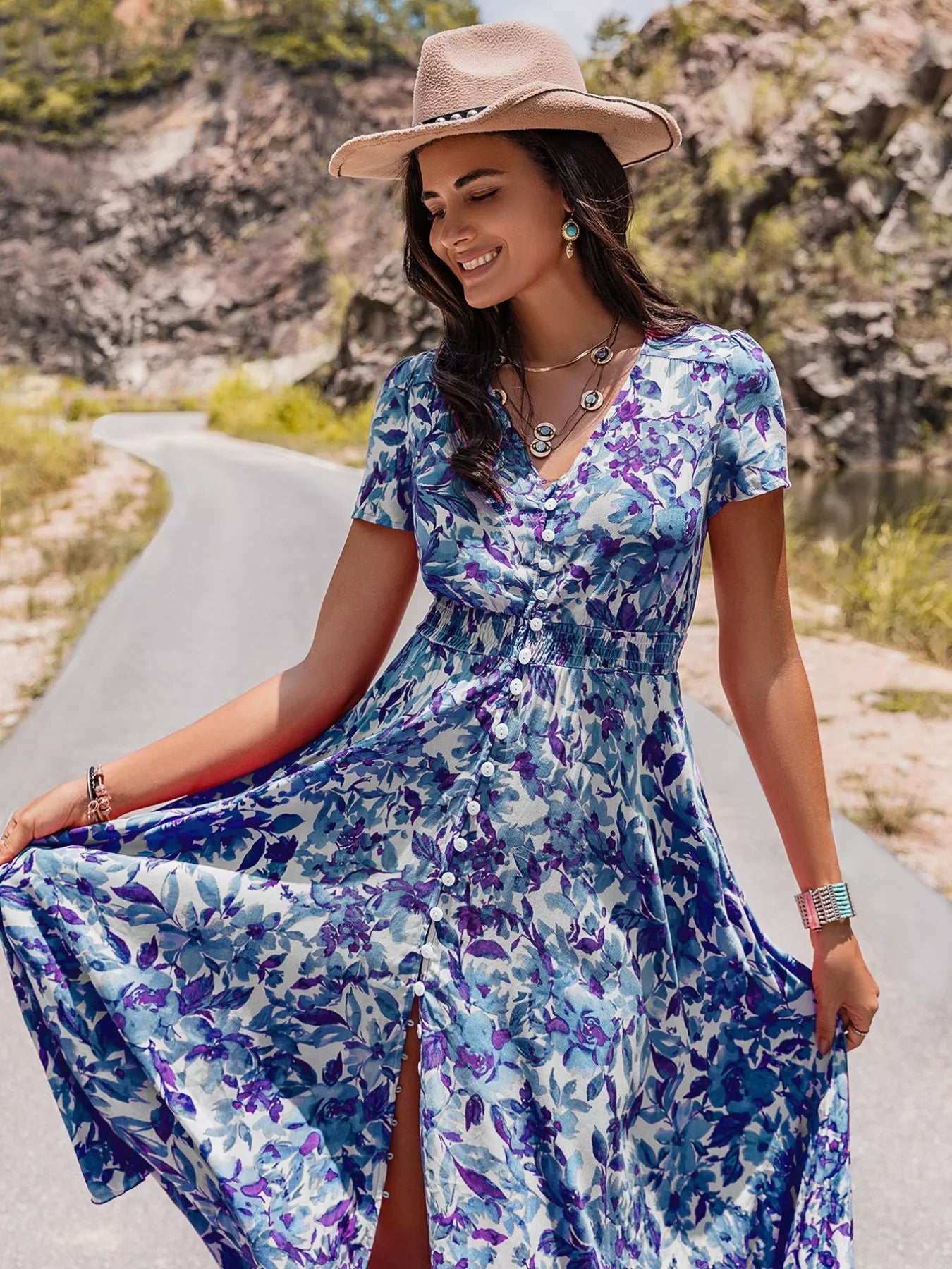 Floral Print V-Neck Slit Midi Dress - Glamourous Grace