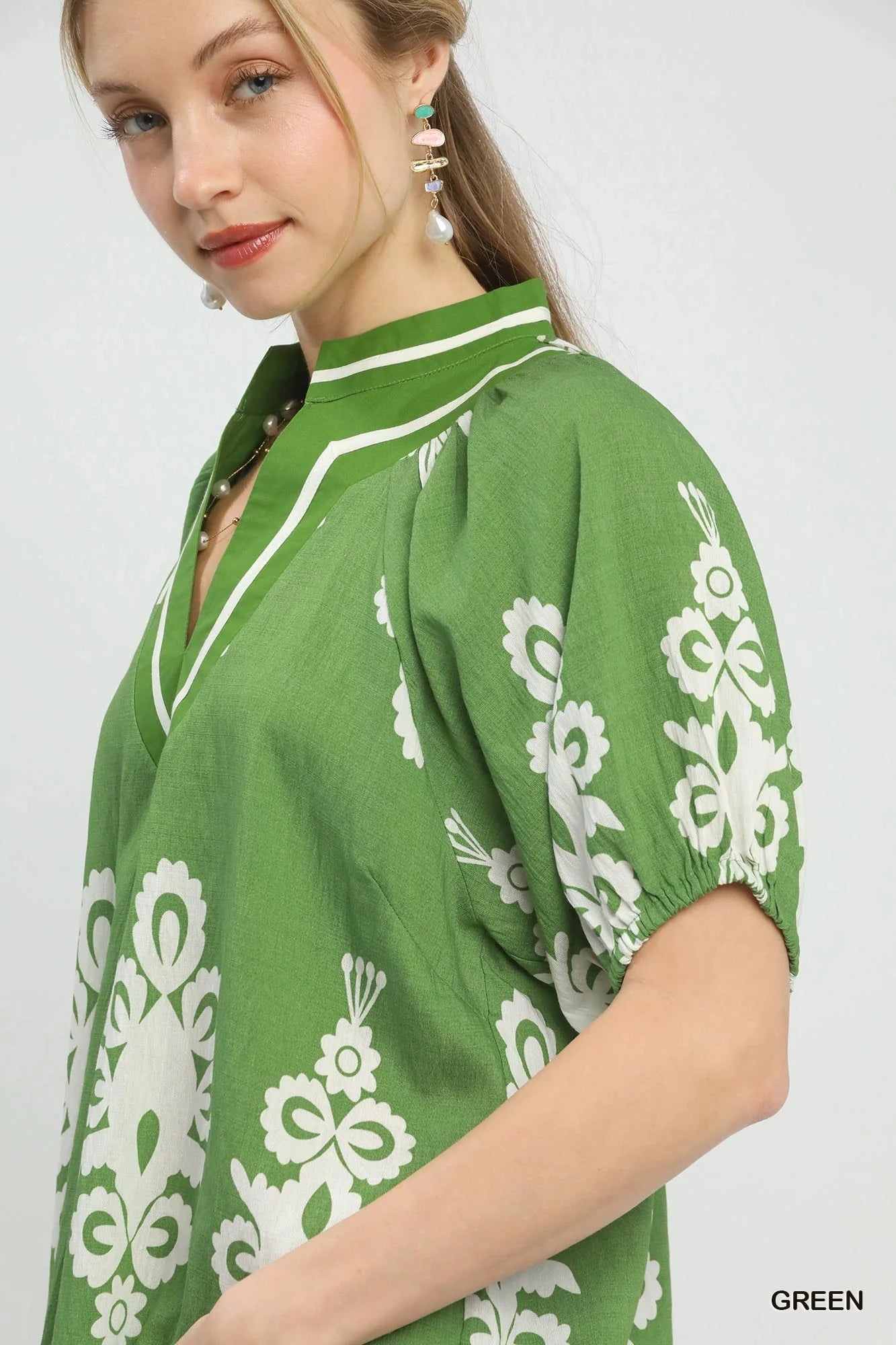 Umgee Boho Print Split-Neck Short Sleeve Top - Glamourous Grace