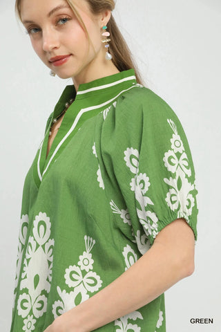 Umgee Boho Print Split-Neck Short Sleeve Top - Glamourous Grace