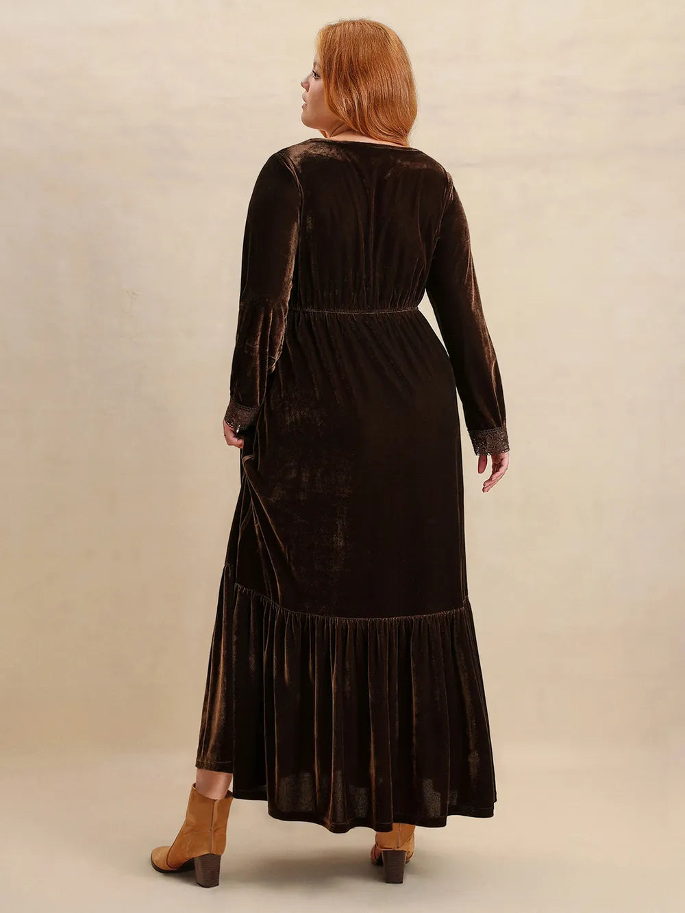 Plus Size Lace Detail V-Neck Long Sleeve Midi Dress - Glamourous Grace