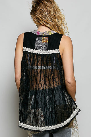 POL Floral V-Neck Sheer Tank with Lace Trim - Glamourous Grace
