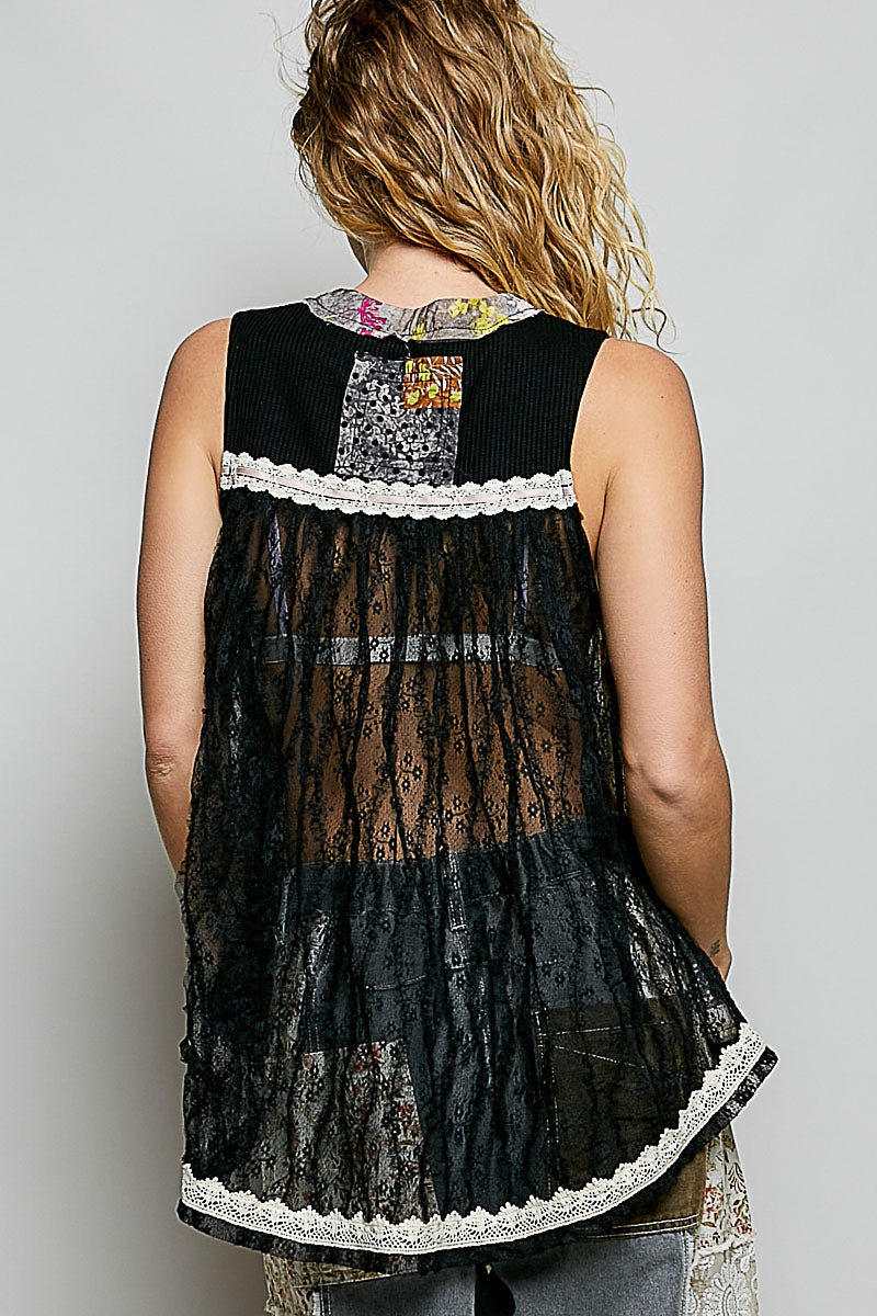 POL Floral V-Neck Sheer Tank with Lace Trim - Glamourous Grace